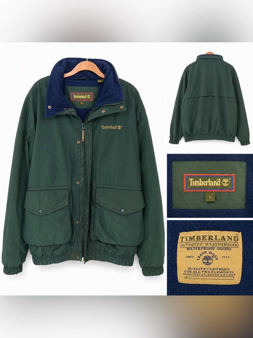 Vintage Timberland Weathergear Bomber Jacket in Green, Men’s Large, Fleece Lined